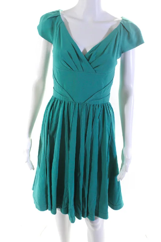 Time-Limited Offer Zac Posen Womens Silk Short Sleeves V Neck A Line Dress Turquoise Blue Time-Limited Offer Zac Posen Womens Silk Short Sleeves V Neck A Line Dress Turquoise Blue