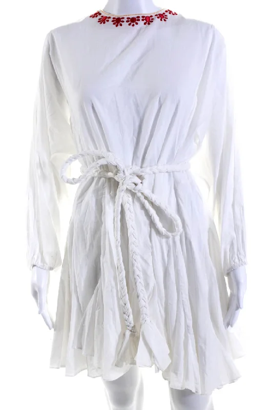 Buy More, Save More Rhode Womens Long Sleeve Embroidered Crew Neck Belted Dress White