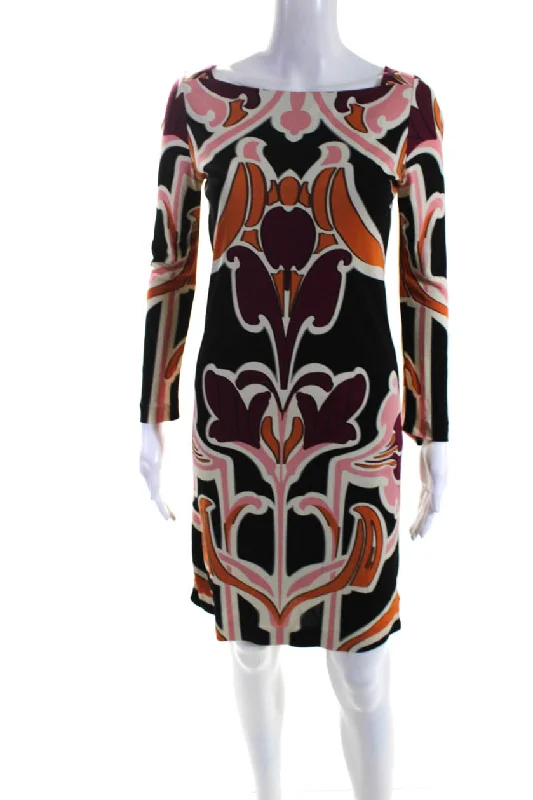 Closeout Gucci Womens Black Multi Printed Boat Neck Long Sleeve Shift Dress