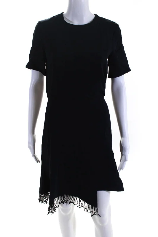 Midnight Madness Altuzarra Womens Back Zip Short Sleeve Fringe Shift Dress Navy Blue Midnight Madness Altuzarra Womens Back Zip Short Sleeve Fringe Shift Dress Navy Blue