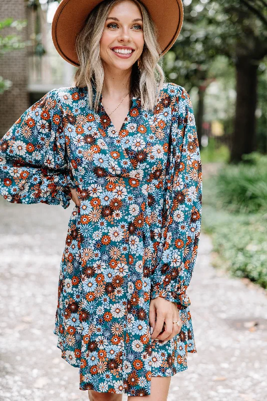 Act Fast All I've Wanted Teal Blue Floral Babydoll Dress
