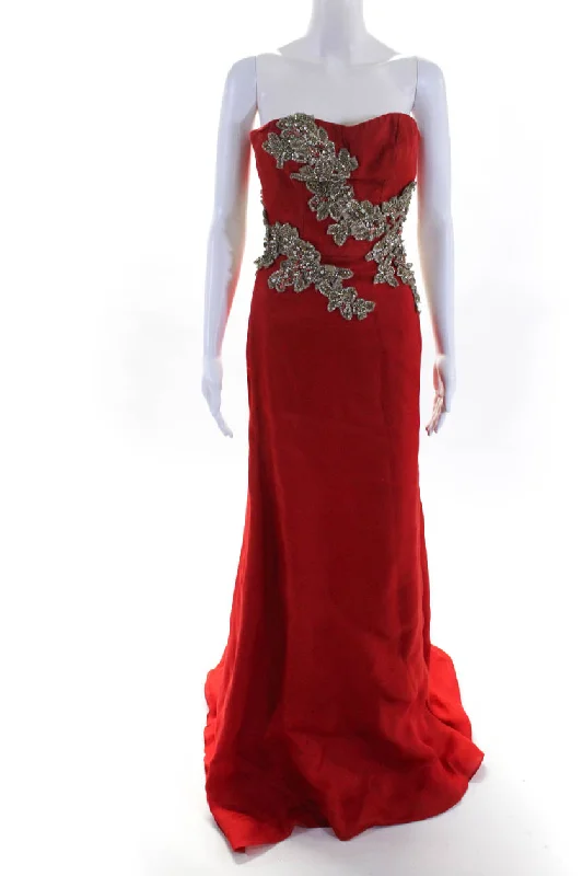 Massive Deals Rafael Cennamo Women's Strapless Embellished Long Gown Red