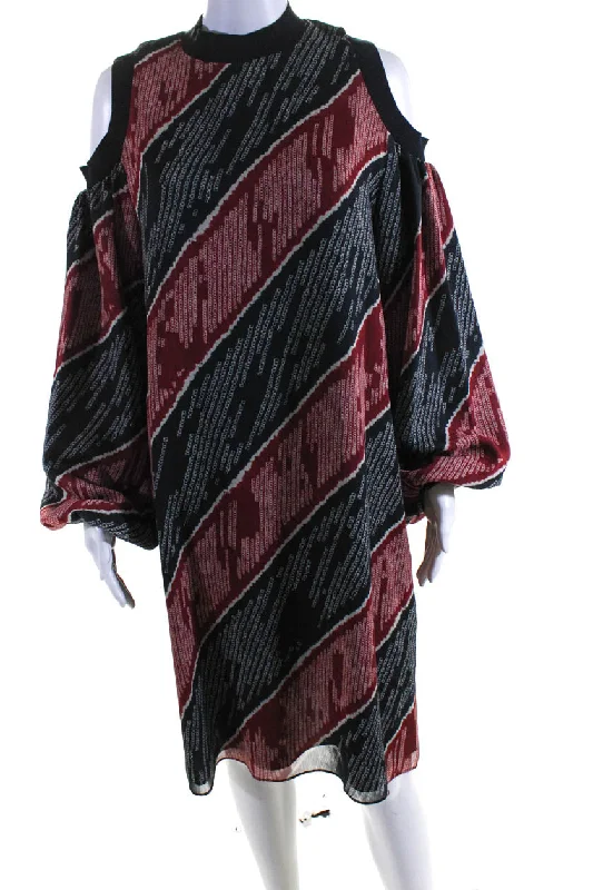 Act Now Adeam Womens Abstract Print Knit Trimmed Zip Up Cold Shoulder Dress Black