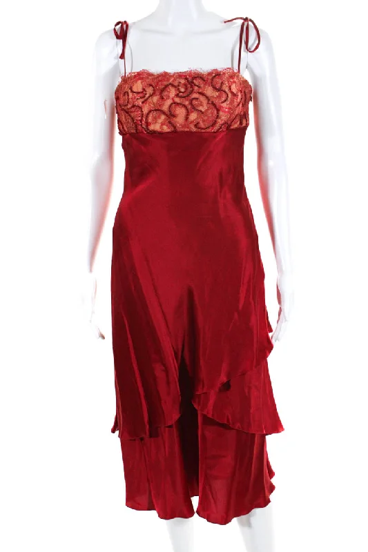 Unbeatable Prices Rafael Cennamo Womens Spaghetti Strap Lace Beaded Trim Silk Dress Red