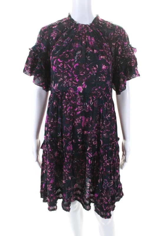 Must-Have Deals Ulla Johnson Womens Short Sleeve Tiered Floral Shift Dress Blue Pink
