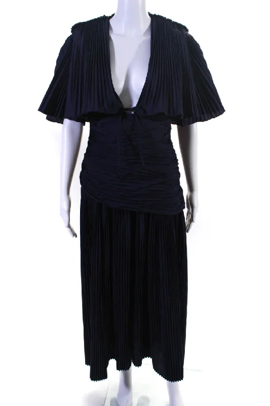 Deal Frenzy Rosie Assoulin Womens Knife Pleat Capelette Dress Navy Blue