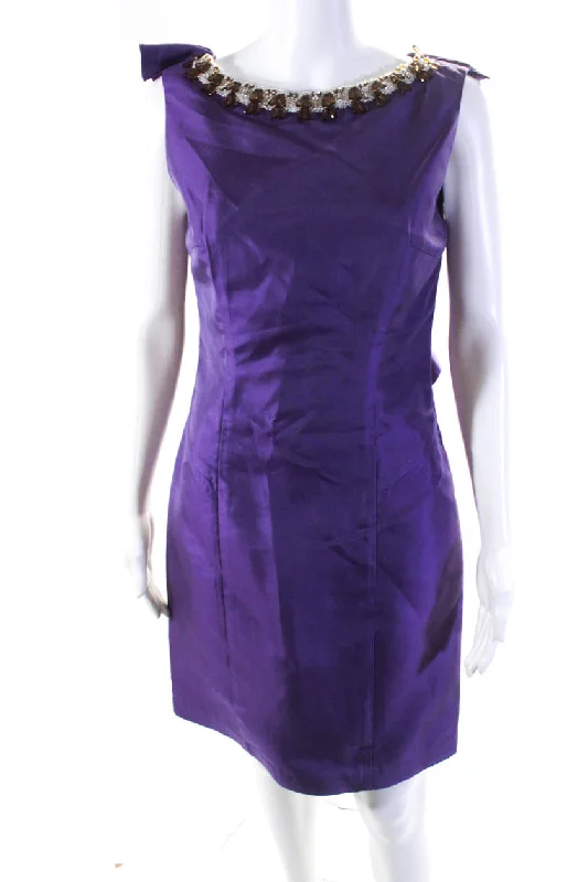 New Markdowns Gustavo Cadile Womens Beaded Open Back Sleeveless Zip Up Dress Purple