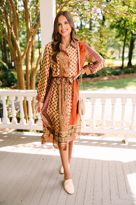 Huge Savings Remember You Well Rust Orange Multi Printed Midi Dress