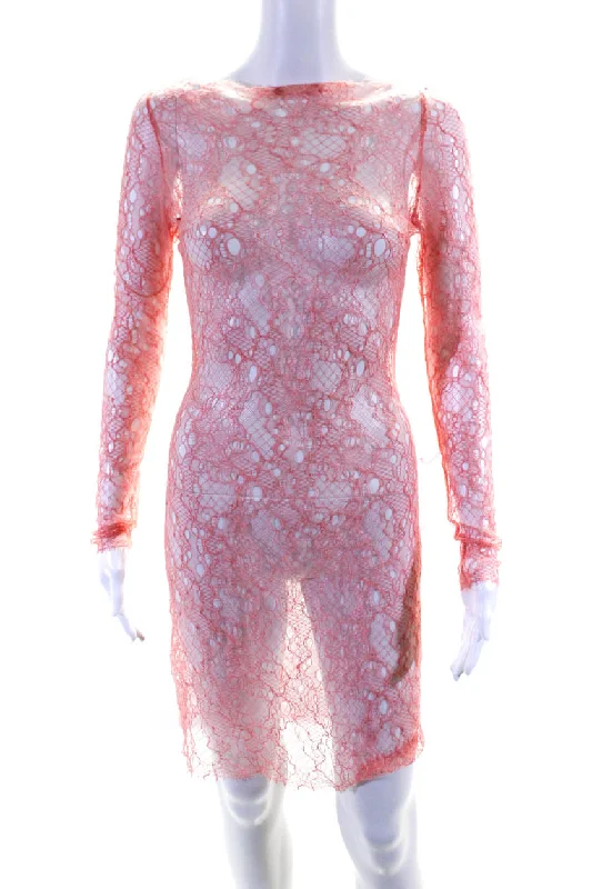 Discount Days Dion Lee Women's Long Sleeve Boat Neck Lace Bodycon Dress Pink