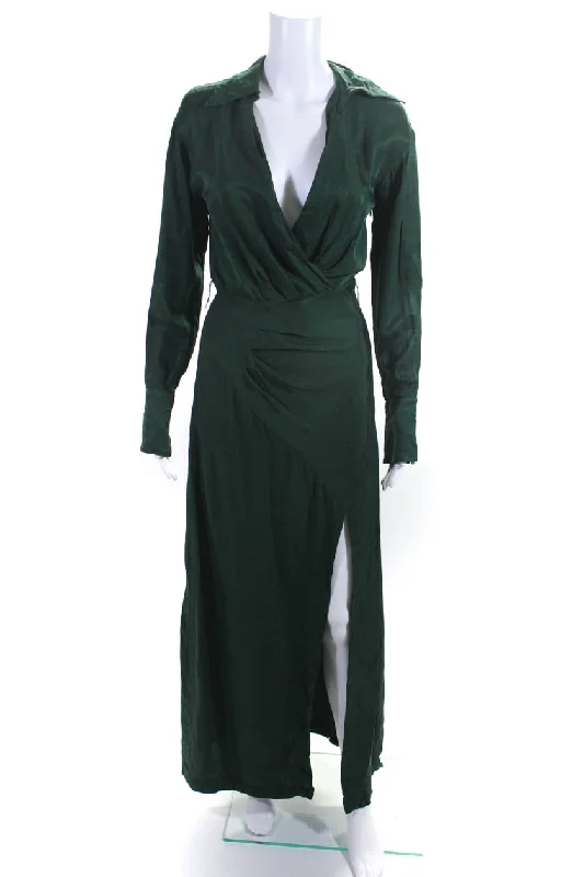 Special Buy Nicholas Womens Collared V-Neck Long Sleeve Side Zip Maxi Dress Green