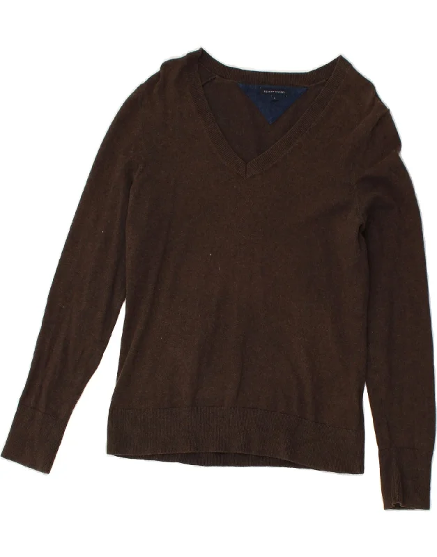 New Deals TOMMY HILFIGER Womens V-Neck Jumper Sweater UK 14 Large Brown Cotton