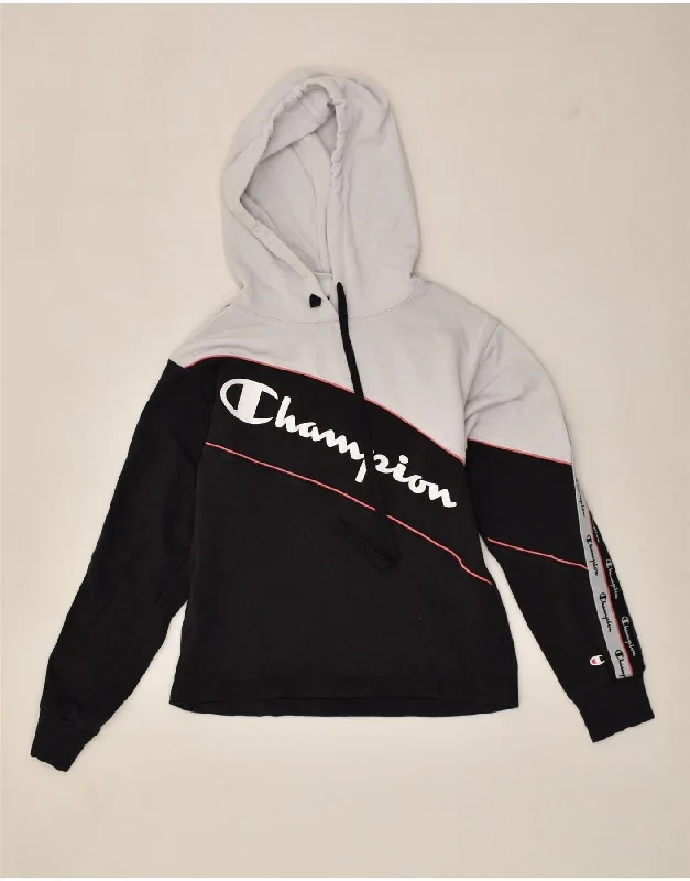 Discount Mania CHAMPION Womens Graphic Hoodie Jumper UK 14 Medium Black Colourblock
