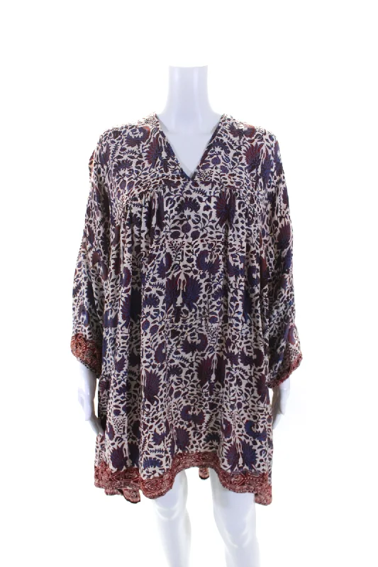Lowest Prices Natalie Martin Womens Purple Silk Floral Long Sleeve Oversize A-line Dress