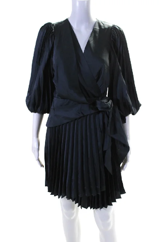 Daily Deals Acler Women's V-Neck Puff Sleeves Pleated Wrap Mini Dress Gray