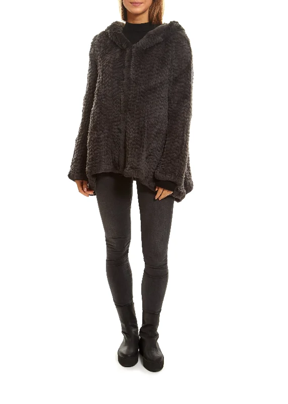 Hot Deal Grey Knitted Real Rex Rabbit Fur Fluted Hoodie