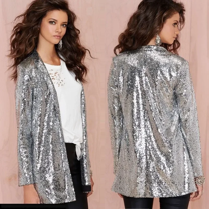 Closeout Women Fashion Shiny Sequin Long Sleeve Party Stage Blazer Coat