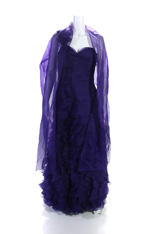 Limited Quantity Scaravelli Womens Back Zip Sleeveless V Neck Tiered Gown Purple Silk