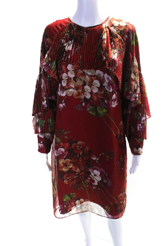 Exclusive Online Offer Mikael Aghal Womens Chiffon Floral Print Pleated Trim Sheath Dress Red