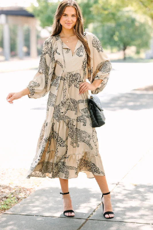 Act Now Queen Of The Jungle Taupe Brown Cheetah Print Midi Dress