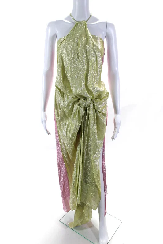 Sale Event Rosie Assoulin Womens Glitter Halter Scarf Dress Champagne Pink Yellow