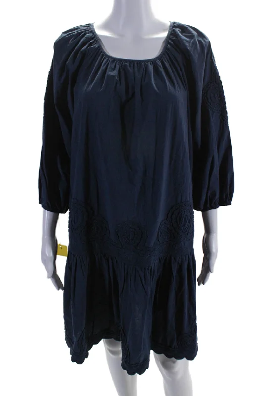 Flash Deals 0039 Italy Womens Cotton Boat Neck Ruffled Hem Drop Waist Dress Navy
