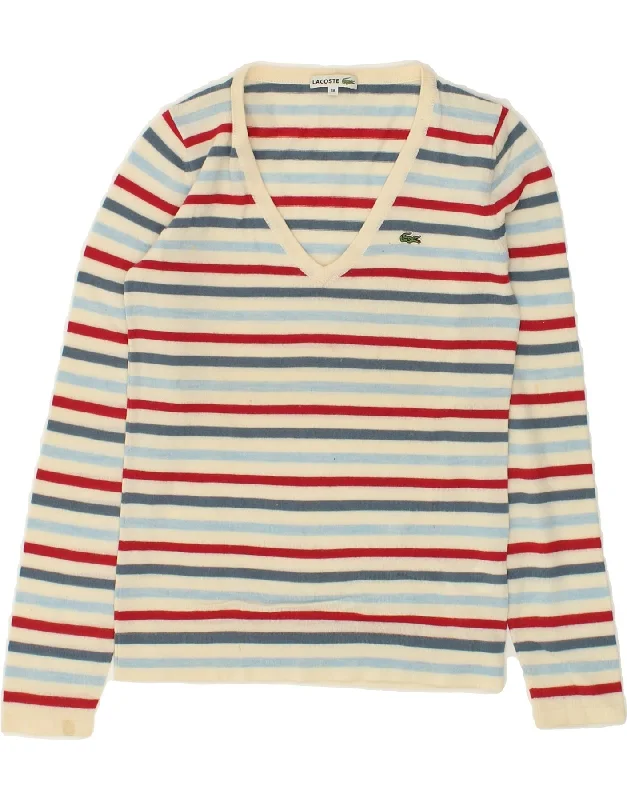 Don’t Miss Out LACOSTE Womens V-Neck Jumper Sweater Size 38 Medium Multicoloured Striped Don’t Miss Out LACOSTE Womens V-Neck Jumper Sweater Size 38 Medium Multicoloured Striped