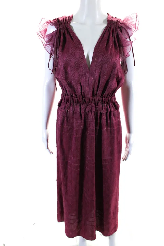Huge Discounts Isabel Marant Metallic Satin Ruffled V-Neck A-Line Maxi Dress Raspberry Huge Discounts Isabel Marant Metallic Satin Ruffled V-Neck A-Line Maxi Dress Raspberry