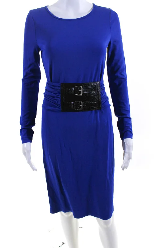 Epic Deals Michael Kors Collection Womens Long Sleeve Ruched Belt Sheath Dress Blue
