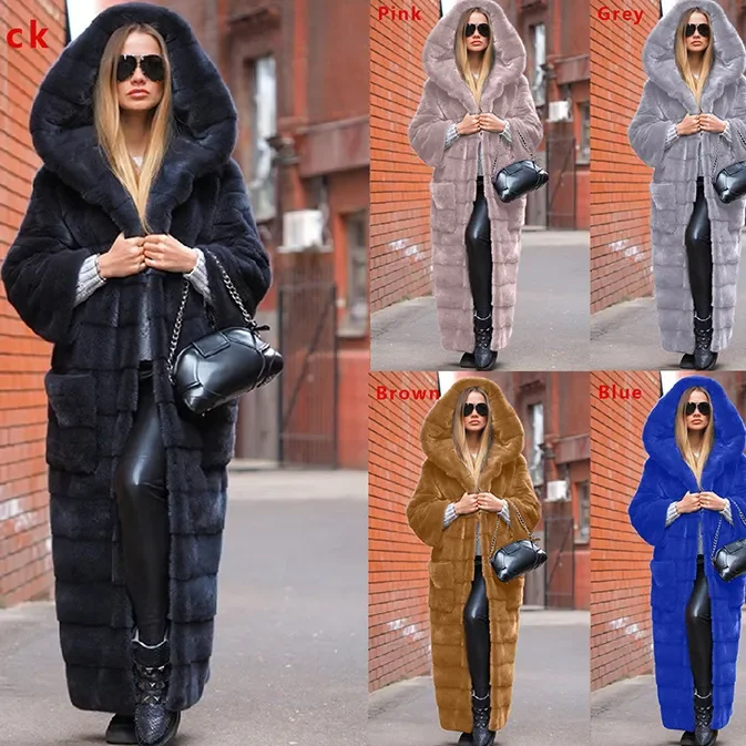 Can't Miss Winter Women Fashion Imitation Fur Hooded Plush Long Coat