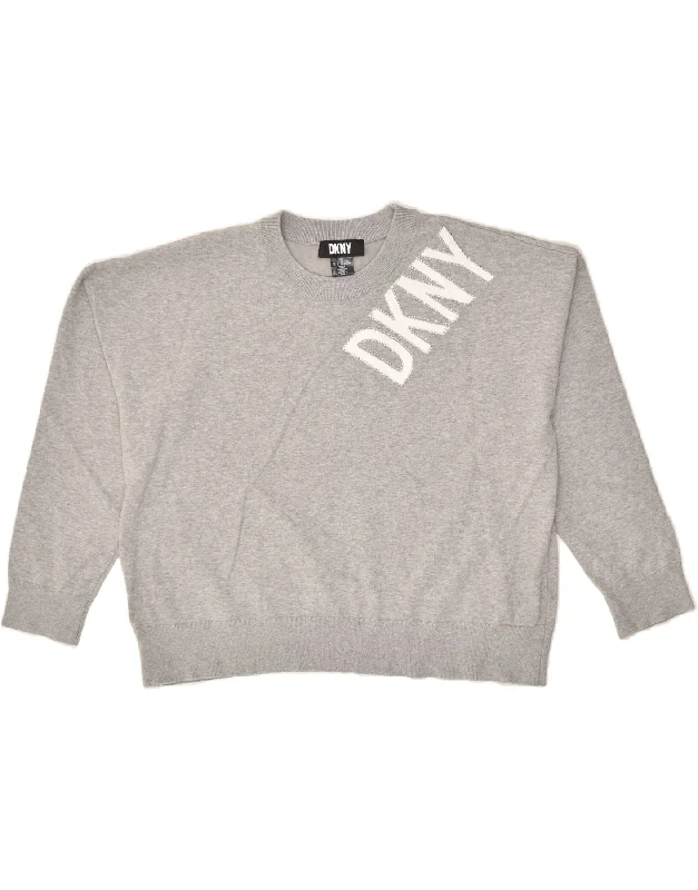 Act Now DKNY Womens Oversized Graphic Crew Neck Jumper Sweater UK 18 XL Grey