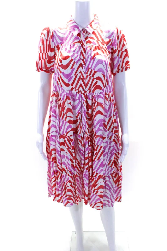 Limited Stock Better Rich Womens Abstract Stripe Satin A Line Shirt Dress Pink Red