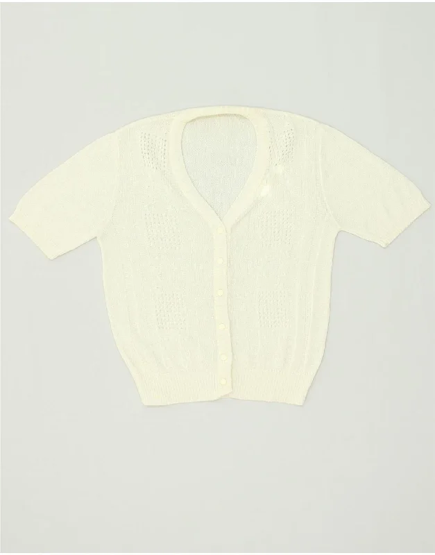 Deal Frenzy VINTAGE Womens Short Sleeve Cardigan Sweater UK 14 Large Beige Cotton