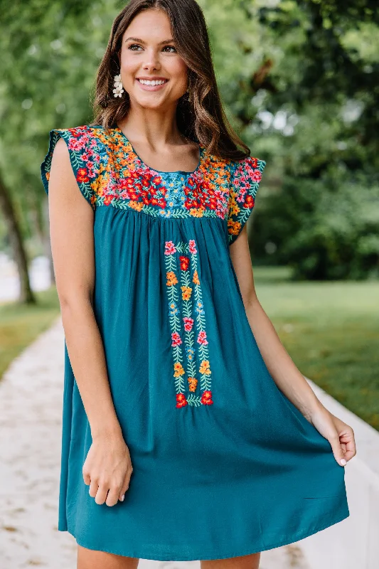 Deal Dash Live Your Way Teal Blue Embroidered Dress