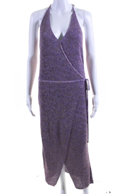 Deal Explosion Knitss Womens Tie Back Knit Faux Wrap Midi Sheath Dress Lavender