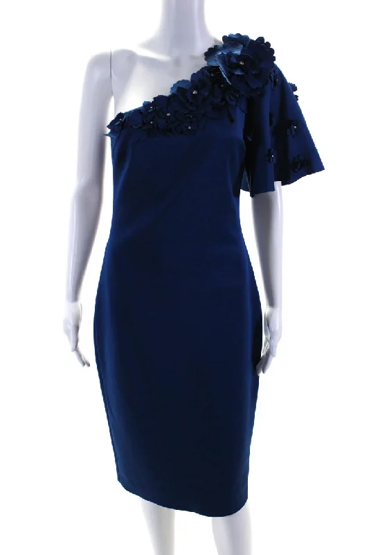 Doorbuster Deal Badgley Mischka Womens 3D Flower One Shoulder Midi Sheath Dress Cobalt Doorbuster Deal Badgley Mischka Womens 3D Flower One Shoulder Midi Sheath Dress Cobalt