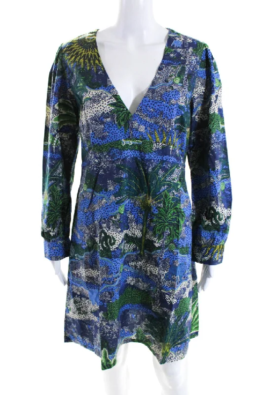 The Best Prices Le Sirenuse Womens V Neck Palm Tree Poplin Shift Dress Blue Green