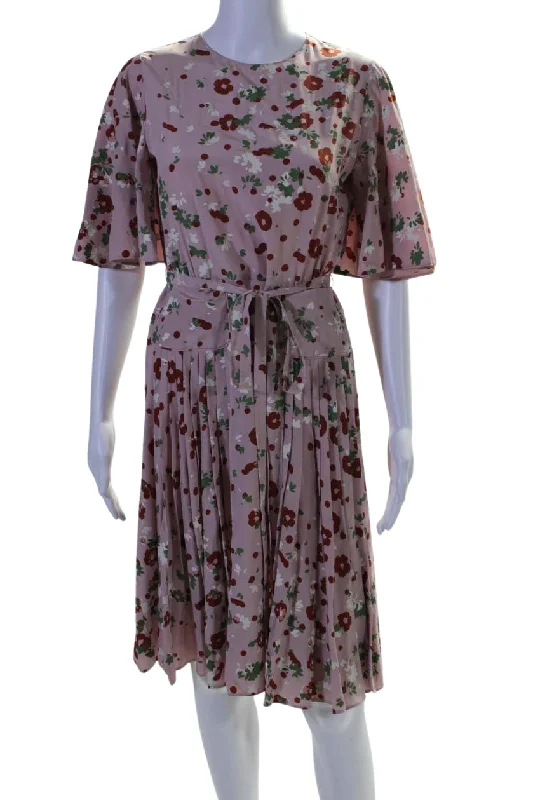Loyalty Reward Valentino Womens Silk Floral Print Short Sleeves A Line Dress Pink Red