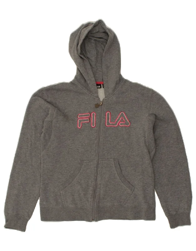 Price Reduction FILA Womens Graphic Zip Hoodie Sweater UK 12 Medium  Grey Cotton