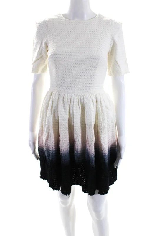 Take Advantage Ellery Womens Back Zip Short Sleeve Fringe Ombre Dress White Blue Cotton Take Advantage Ellery Womens Back Zip Short Sleeve Fringe Ombre Dress White Blue Cotton
