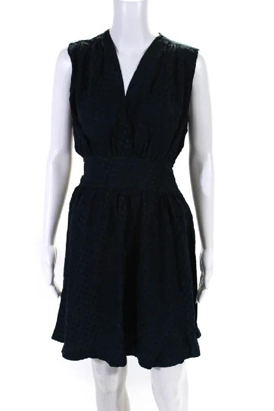 New Deals Balenciaga Silk Womens Polka Dot Belted V-Neck Sleeveless Dress Navy