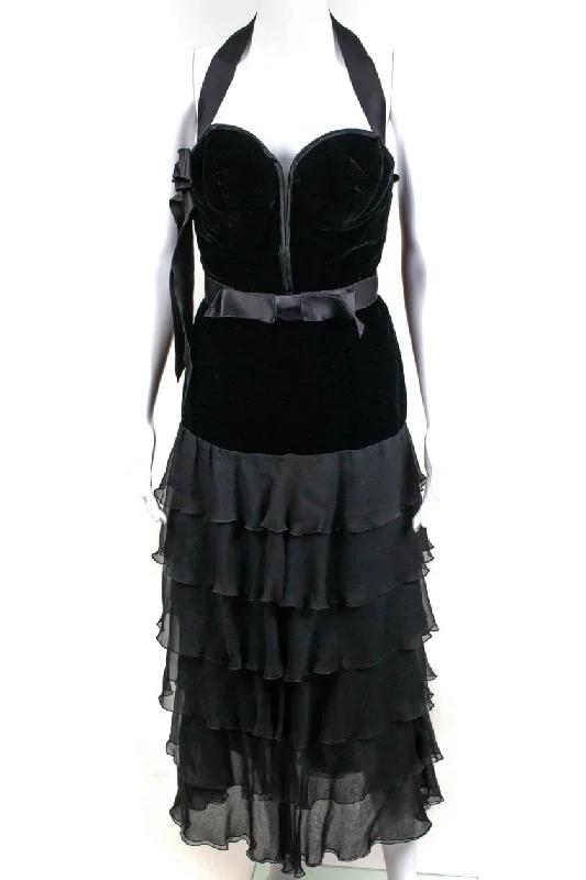 Don't Wait Valentino Boutique Womens Silk Chiffon Velvet Bodice Runway Gown Black