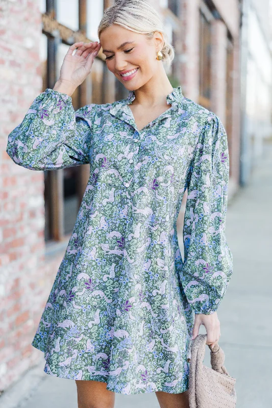 Special Discount Under The Stars Green Floral Balloon Sleeve Dress