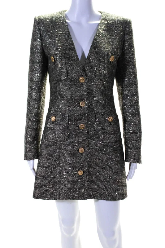 Deep Discounts Alessandra Rich Womens Sequined Button Down Mini Dress Silver