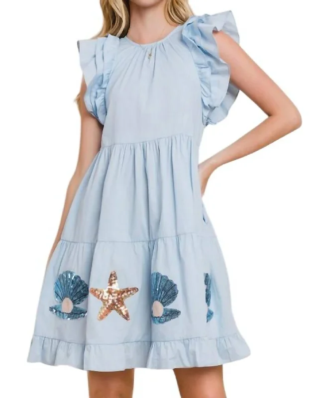 Price Slash Seashell Sequin Patch Tiered Mini Dress In Light Ocean
