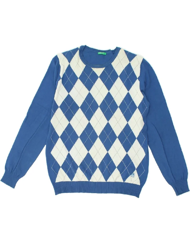 Mega Sale BENETTON Womens Crew Neck Jumper Sweater UK 16 Large Blue Argyle/Diamond