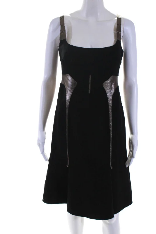 Savings Galore Chado Ralph Rucci Womens Wool Metallic Leather Trim Zip Up Dress Black