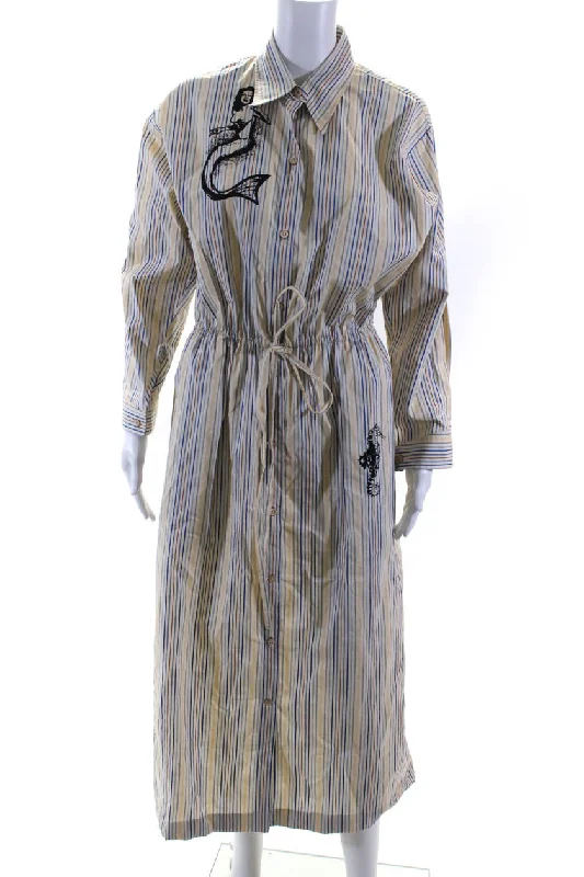Deal Alert Prada Womens Beige Striped Nautical Collar Long Sleeve Shift Dress