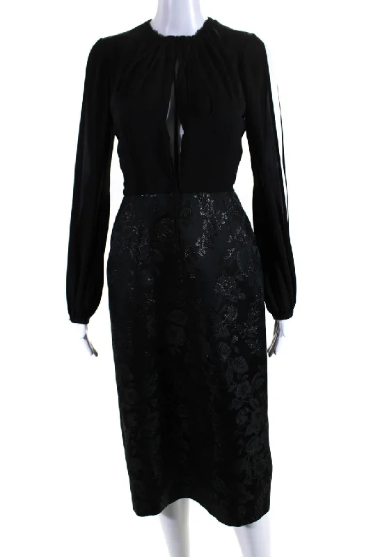 Markdowns Dice Kayek Womens Floral Jacquard Long Sleeve Midi Slit Dress Black