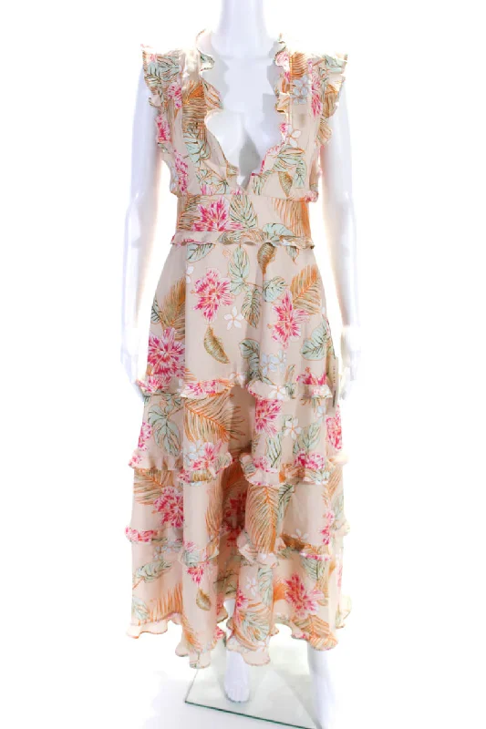 Lowest Price Adeam Womens Floral Hibiscus Print Ruffled Trim Tiered A-Line Maxi Dress
