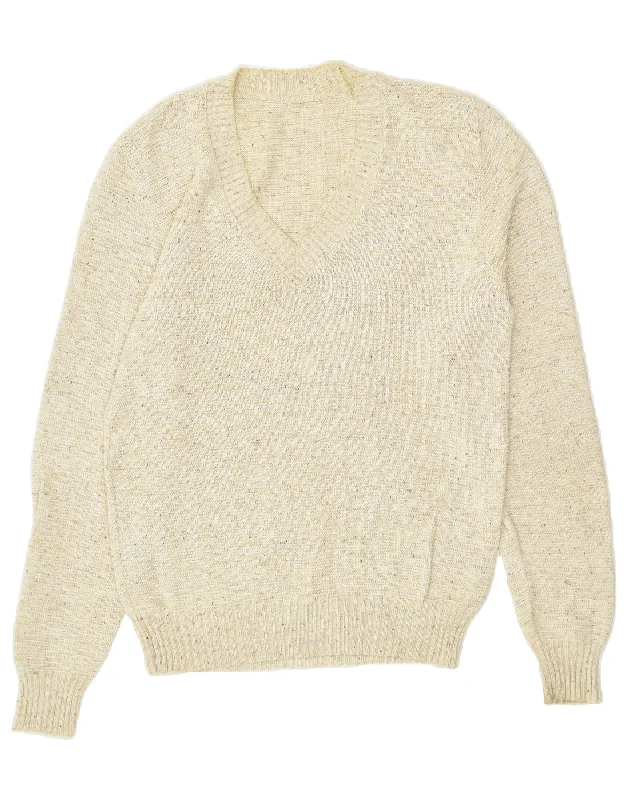 Grand Opening Sale VINTAGE Womens V-Neck Jumper Sweater UK 14 Medium Beige Cotton
